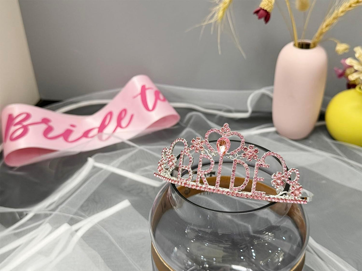 JETKONG 3 Pcs Bachelorette Party Decorations BRIDE Crown, Bride to Be Sash&Veil for Women