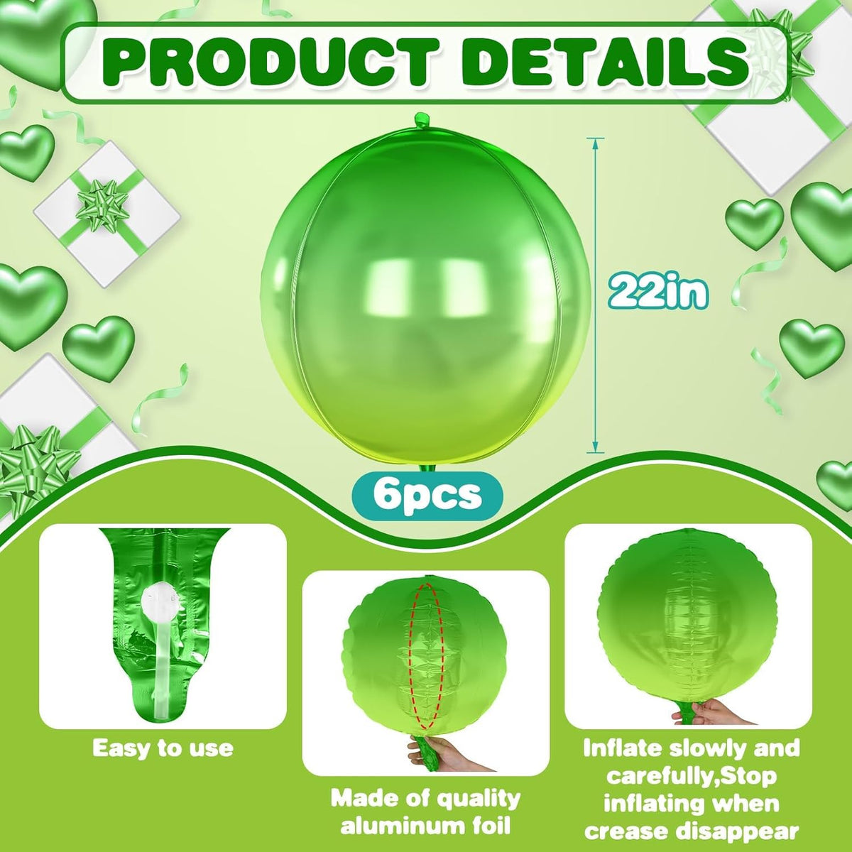 6Pcs Gradient Green Round Foil Balloons,Giant 4D Round Ball Balloon,22 Inch Green Balloons for