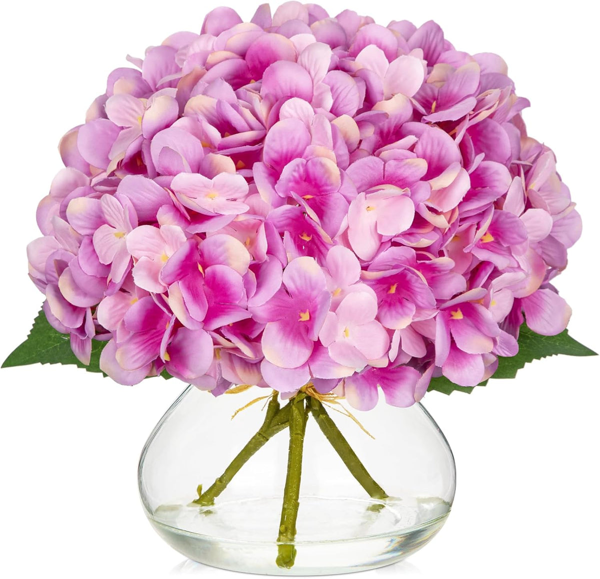 Hollyone Hydrangea Artificial Flowers with Glass Vase Purplish Pink Silk Faux Flowers Arrangements