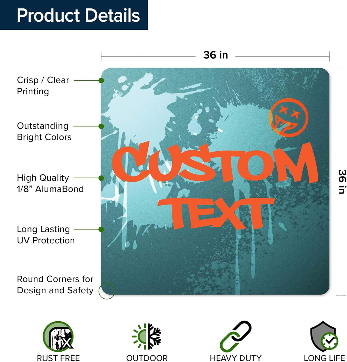 Custom Sign, Custom Street Sign, 11 Font Colors, 13 Font Styles, 4 Hole Options, 22 Sizes, 36x36