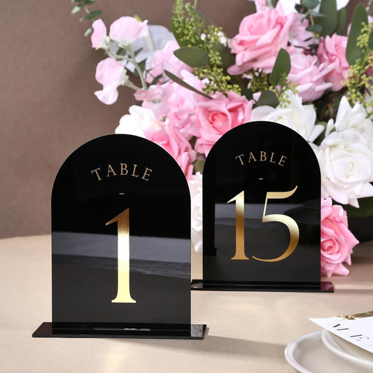UNIQOOO Black Arch Wedding Table Numbers with Stands 1-15, Gold Foil Printed 5x7 Double Sided