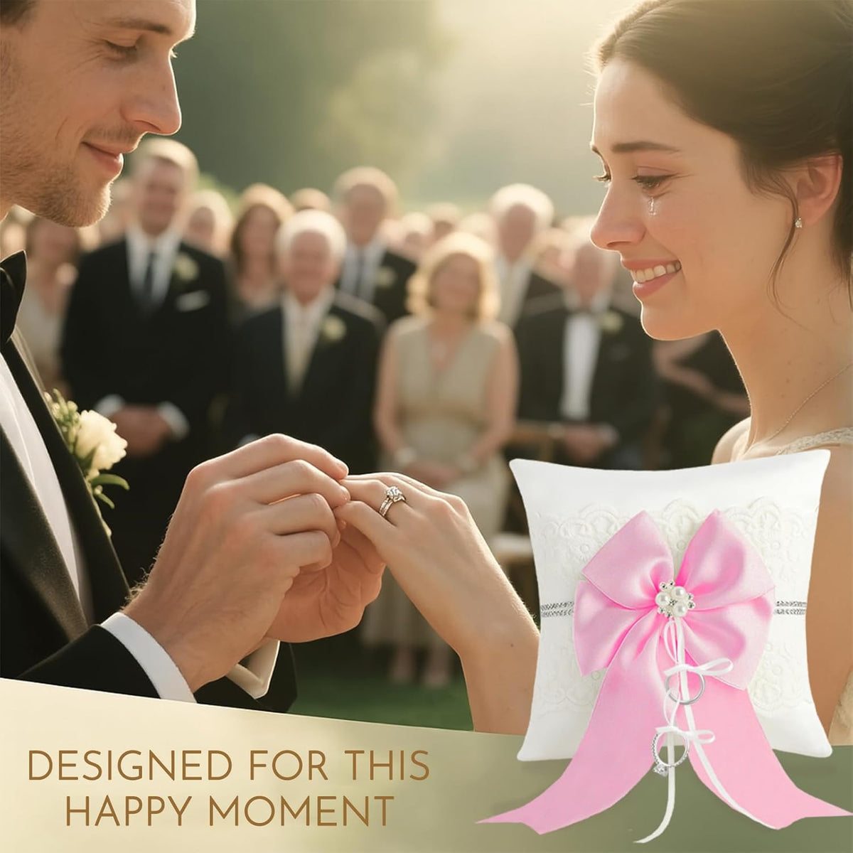 Wedding Ring Bearer Pillow: 8.2 x 8.2 Inch Satin Lace Cushion with Pink Pearl Bow for Ceremony Vows