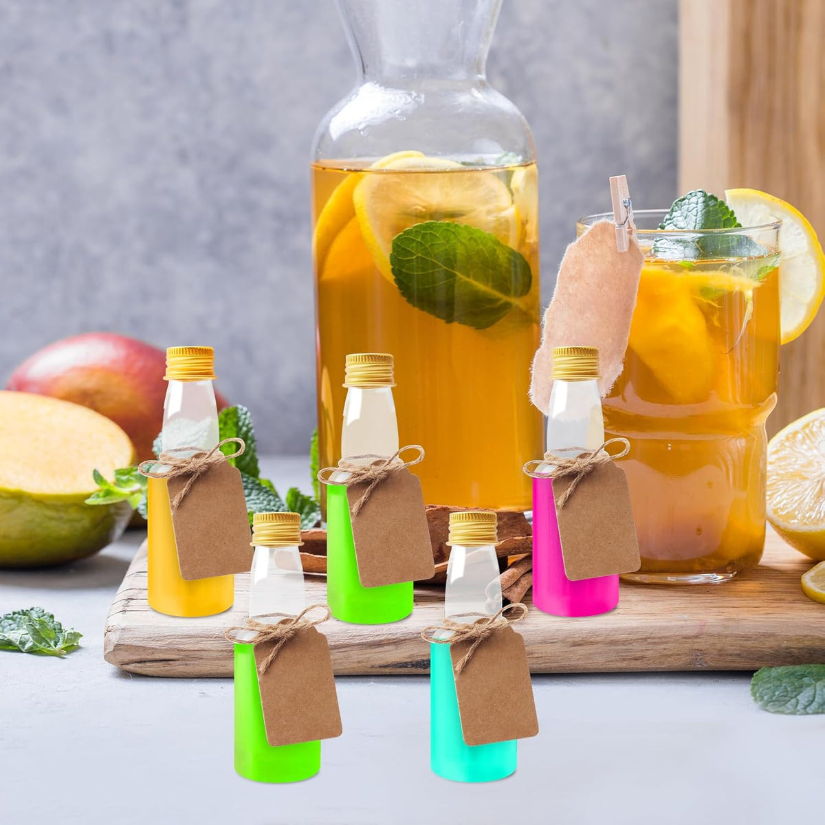96 Pcs Mini Liquor Bottles Set, 30 Pcs 2oz Plastic Alcohol Bottles with Gold Cap, 30pcs Kraft Tags