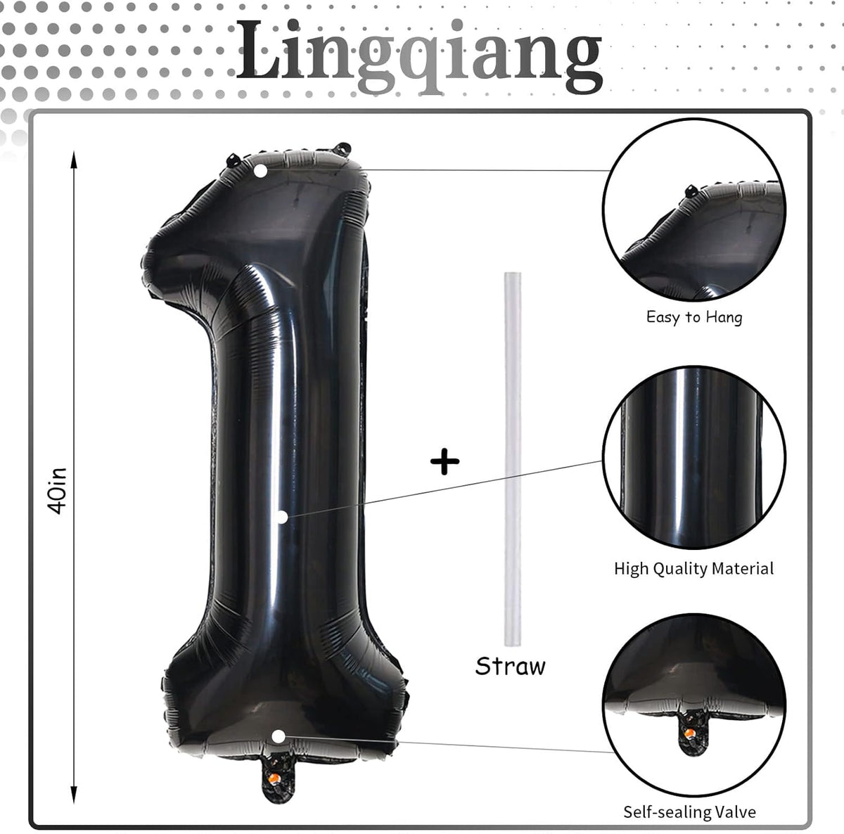 40 Inch Black Foil Balloon Number 1, Giant Self Inflating Number Balloons 0-9 Digital Helium