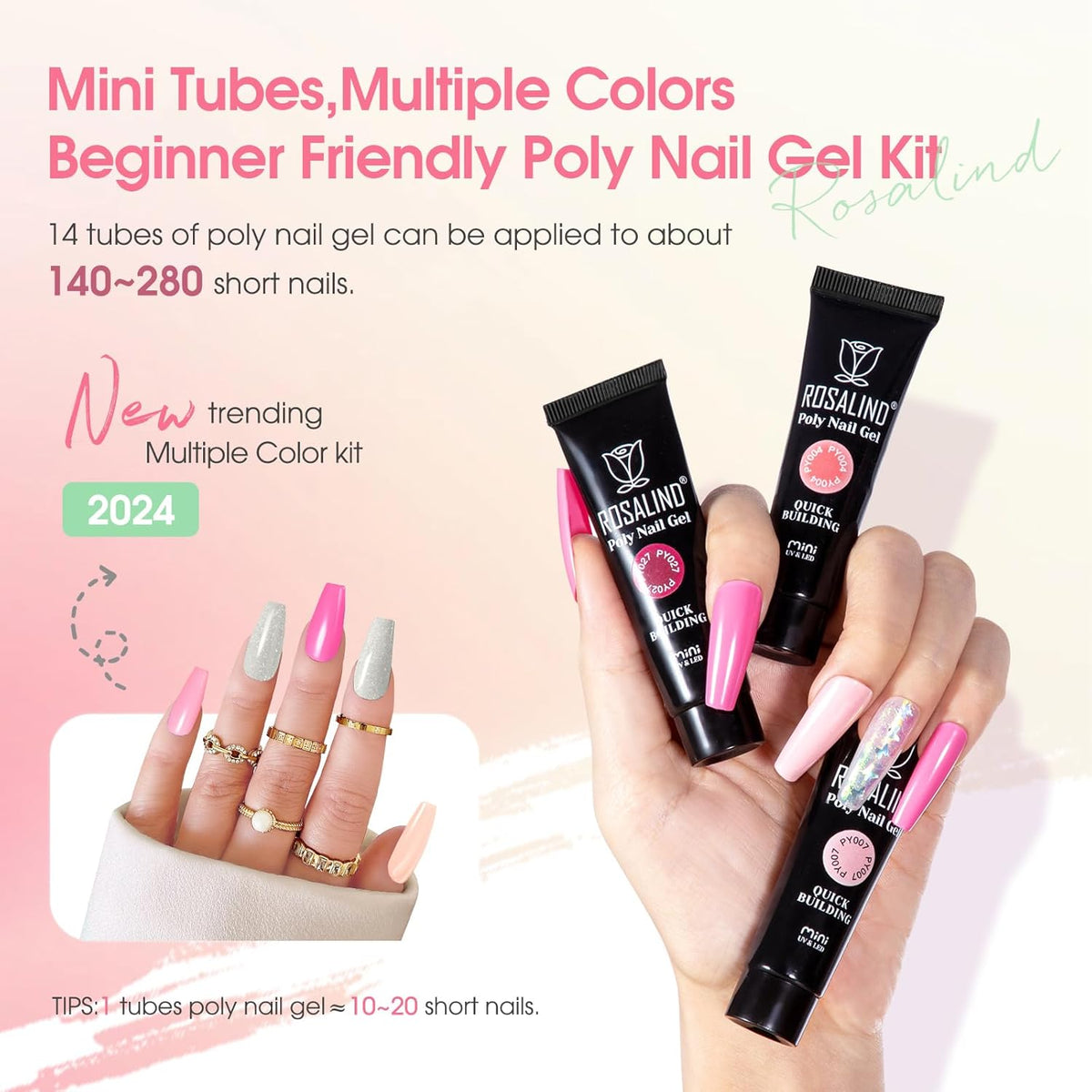 ROSALIND 14 Colors Poly Nail Gel Kit with Mini Nail Lamp Pink Brown Poly Nails Gel Kit Starter Kit