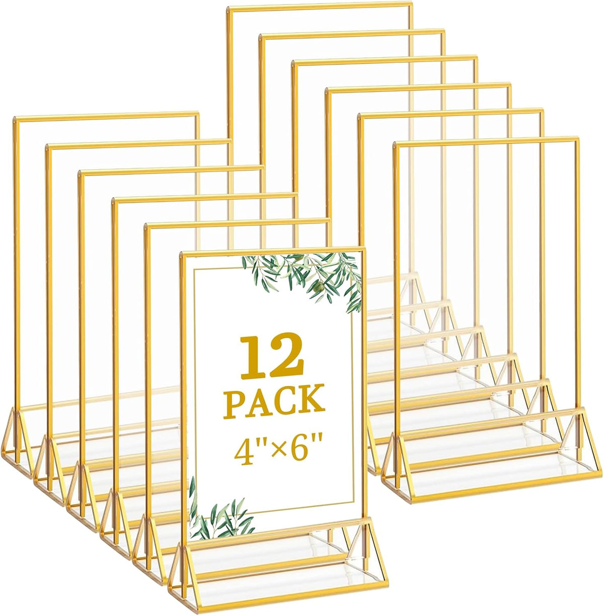 Floroom 12 Pack 4x6 Inch Clear Acrylic Sign Holders, Double-Sided Gold Display Stand Picture Frames