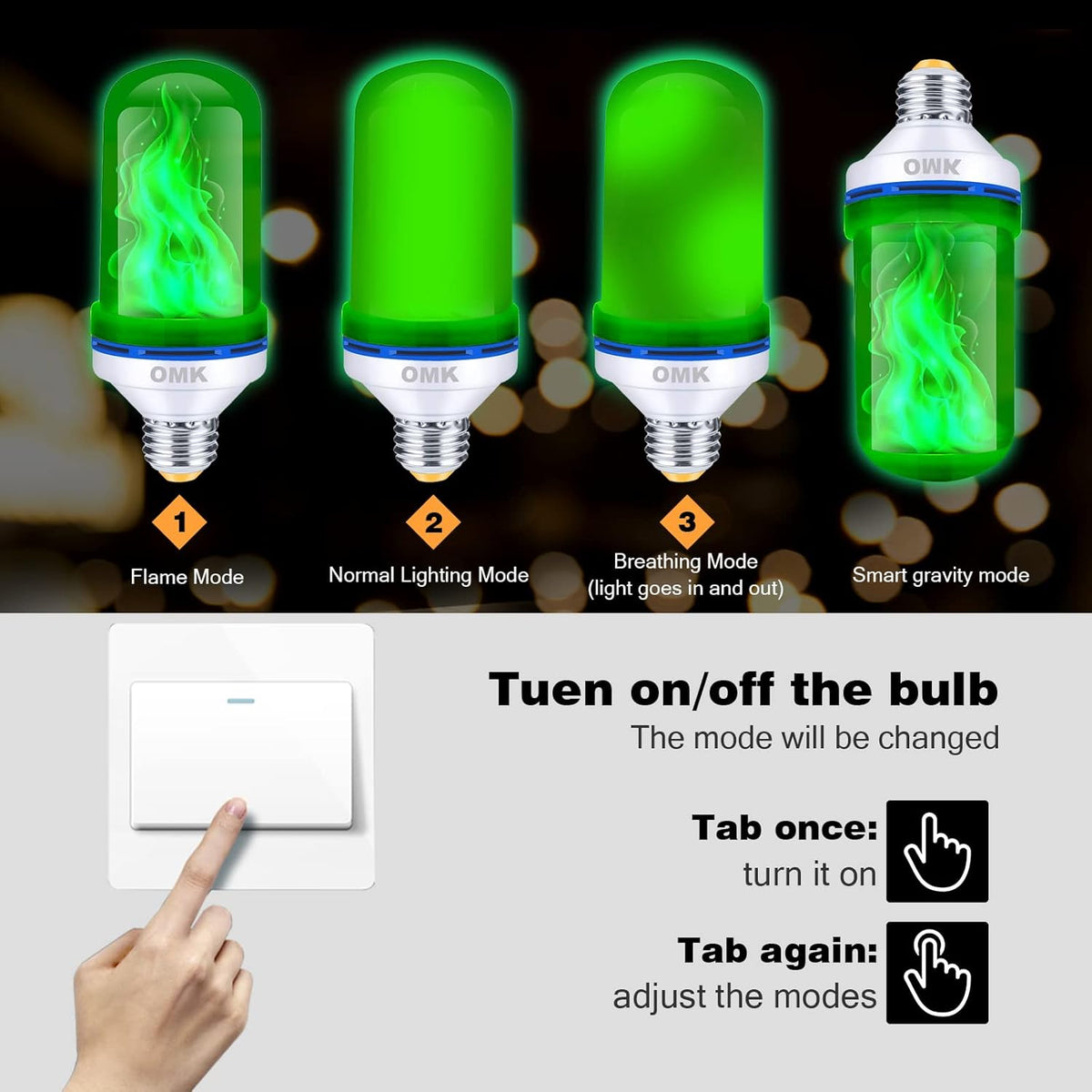 OMK - Christmas Decorations LED Flame Effect Light Bulbs - Upgraded 4 Modes Green Fire Simulated