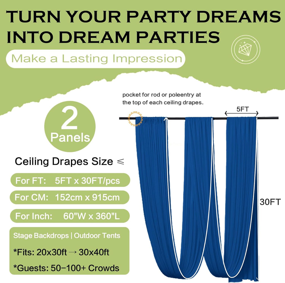 PartyVillage 2 Panels 5ftx30ft Royal Blue Ceiling Drapes for Wedding Parties – 30 FT Extra Long
