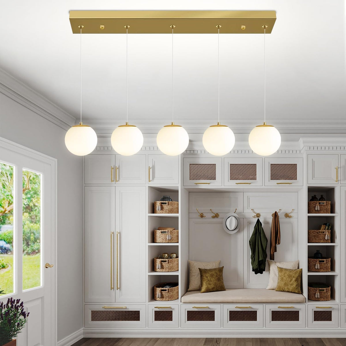 5-Lights Globe Pendant Light for Kitchen Island H 98" Gold Rectangle Chandelier Milk White Glass