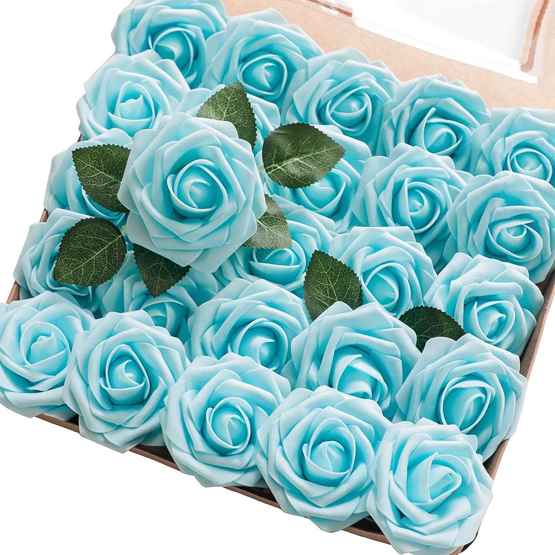 Floroom Artificial Flowers 25pcs Real Looking Aqua Blue Foam Fake Roses with Stems for DIY Wedding