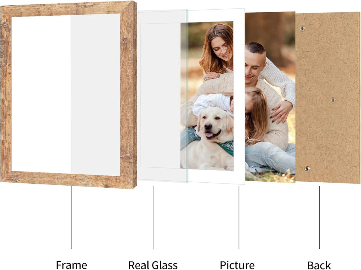 10x14 Picture Frame Set of 4 with Tempered Glass, Rustic Brown Frame Display 8x12 Pictures with Mat