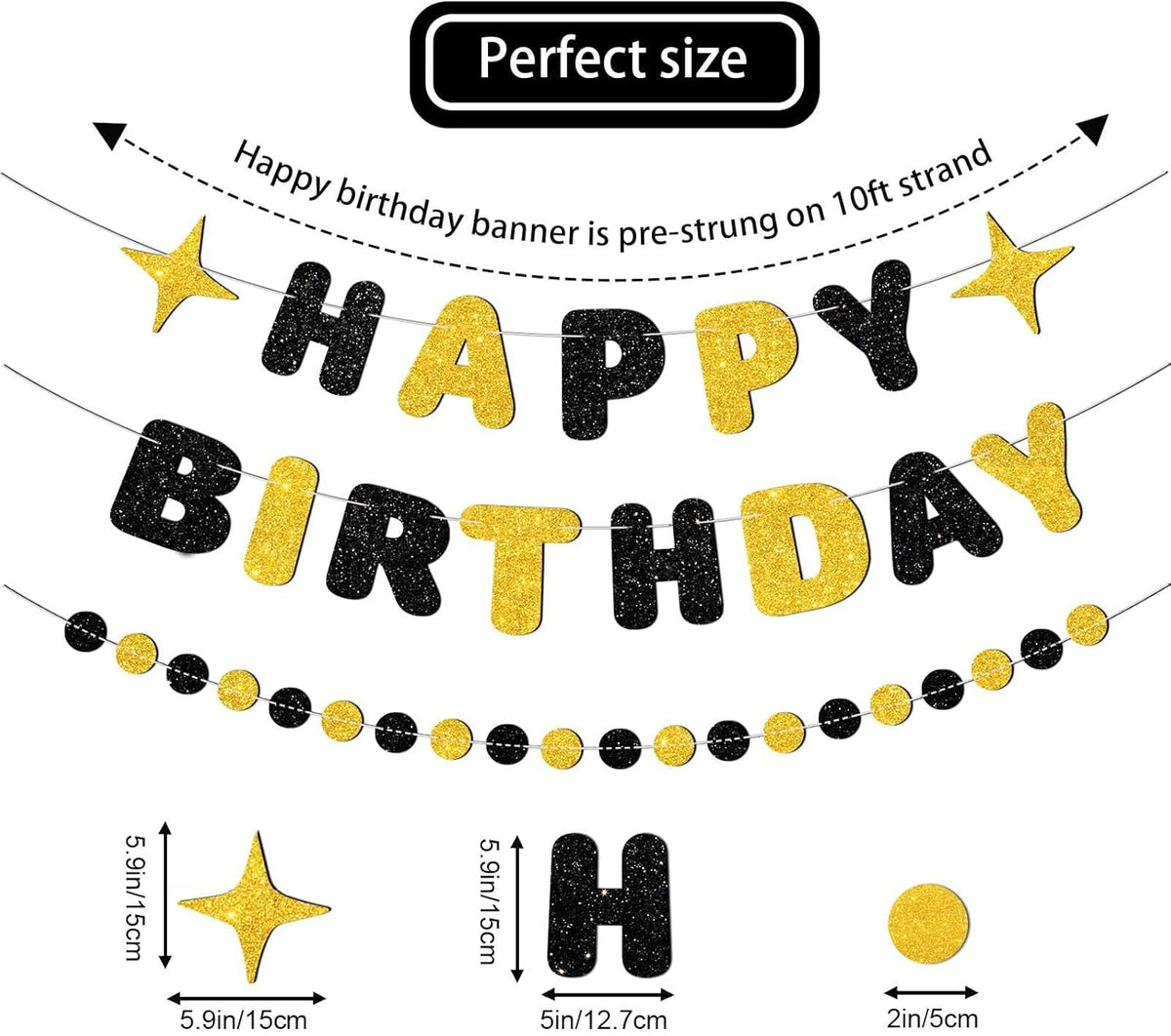 Black and Gold Happy Birthday Banner-Happy Birthday Decorations for Men Women Boys Girls Glitter