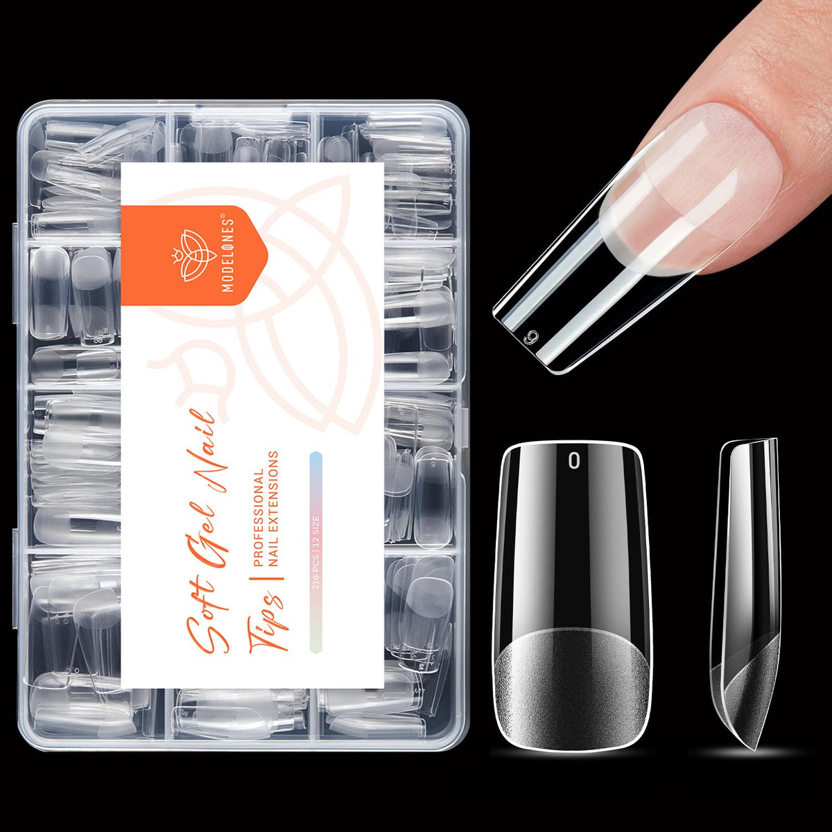 modelones Medium Square Nail Tips, Pre-shaped Soft Gel Tips Fake Nails False Acrylic Clear Full