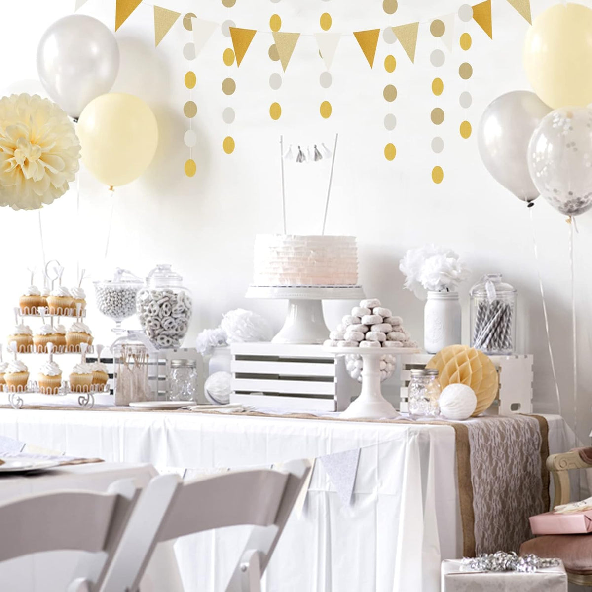 White Gold Champagne Party Decorations - 23pcs Tissue Pom Poms Streamers,Christmas Wedding