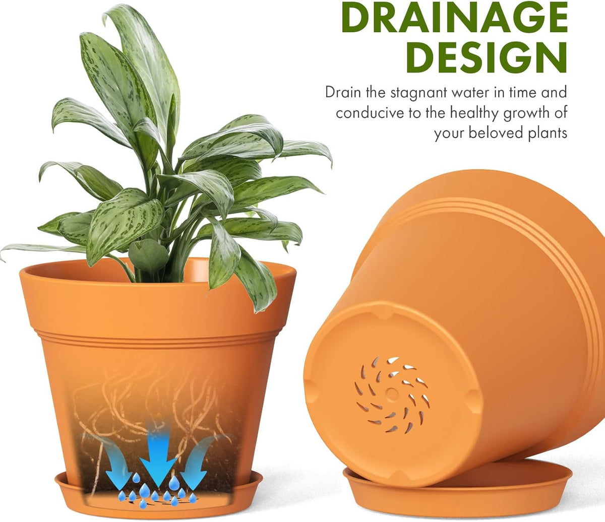 7 Inch Thick Plastic Plant Pots with Drainage Holes and Trays – 6 Pack Nursery Pots for Indoor &