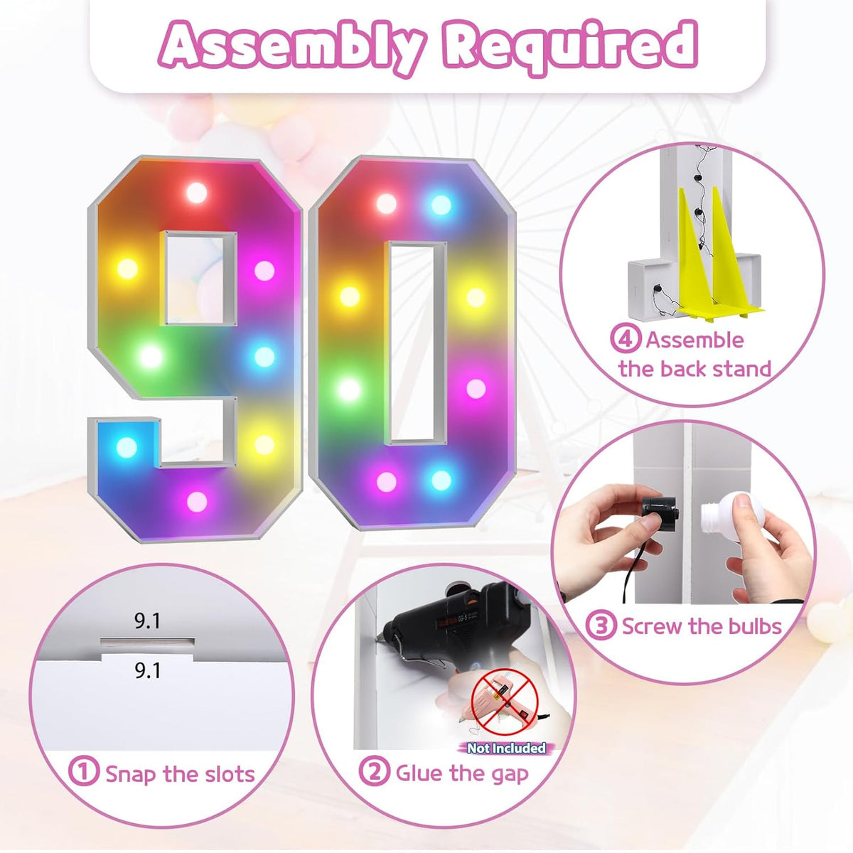 Marquee Numbers 90th-Birthday Decoration: Colorful 3FT Large Light Up 90 Year Old Birthday