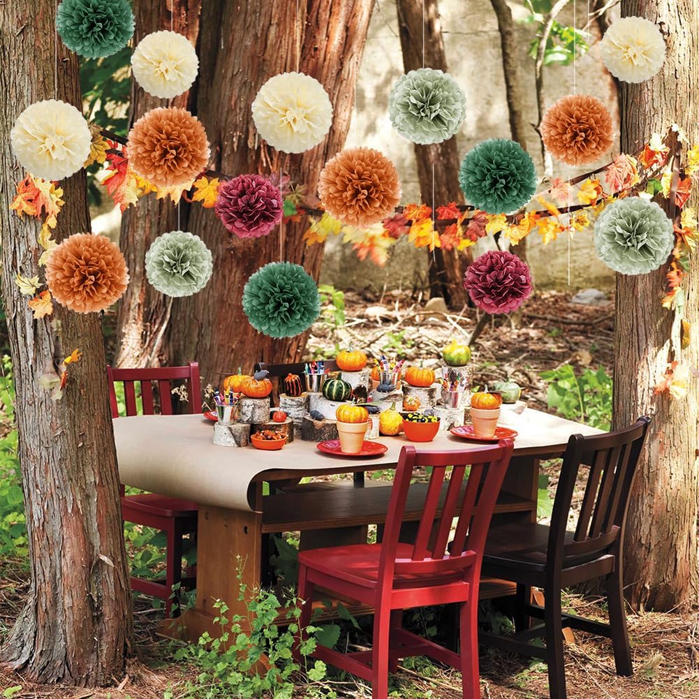 Fall Party Decorations 16pcs Orange Green Tissue Pom Pom Decorations Burgundy Sage Green Fall