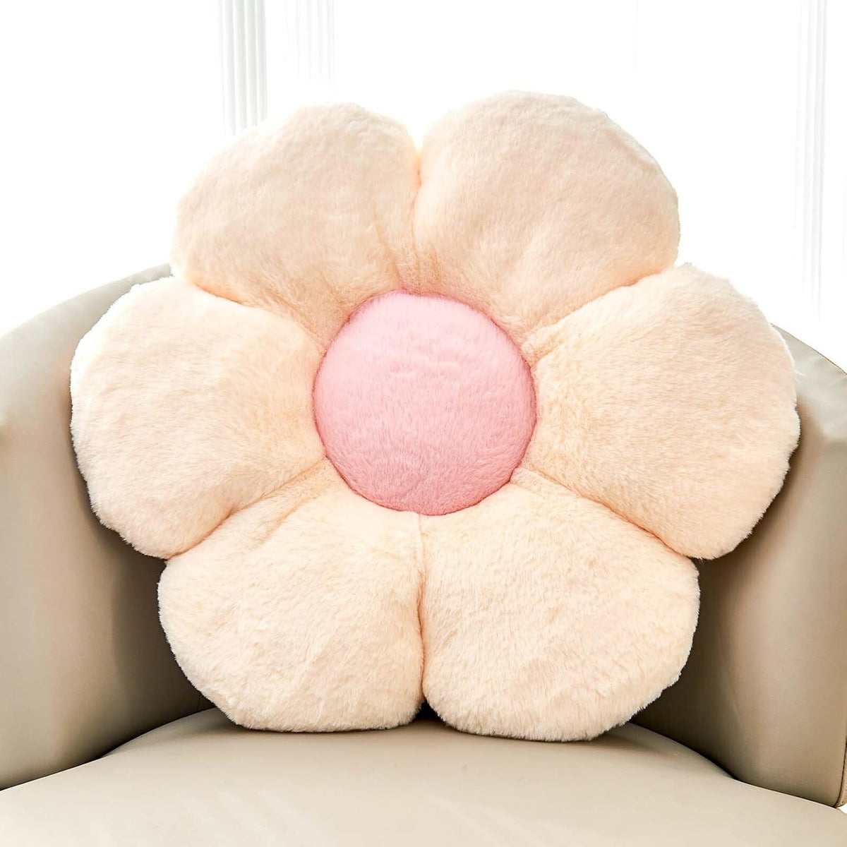 Beige Flower Pillow, Cute Decorative Flower Shaped Throw Pillow with Faux Rabbit Fur, 19.6" Soft