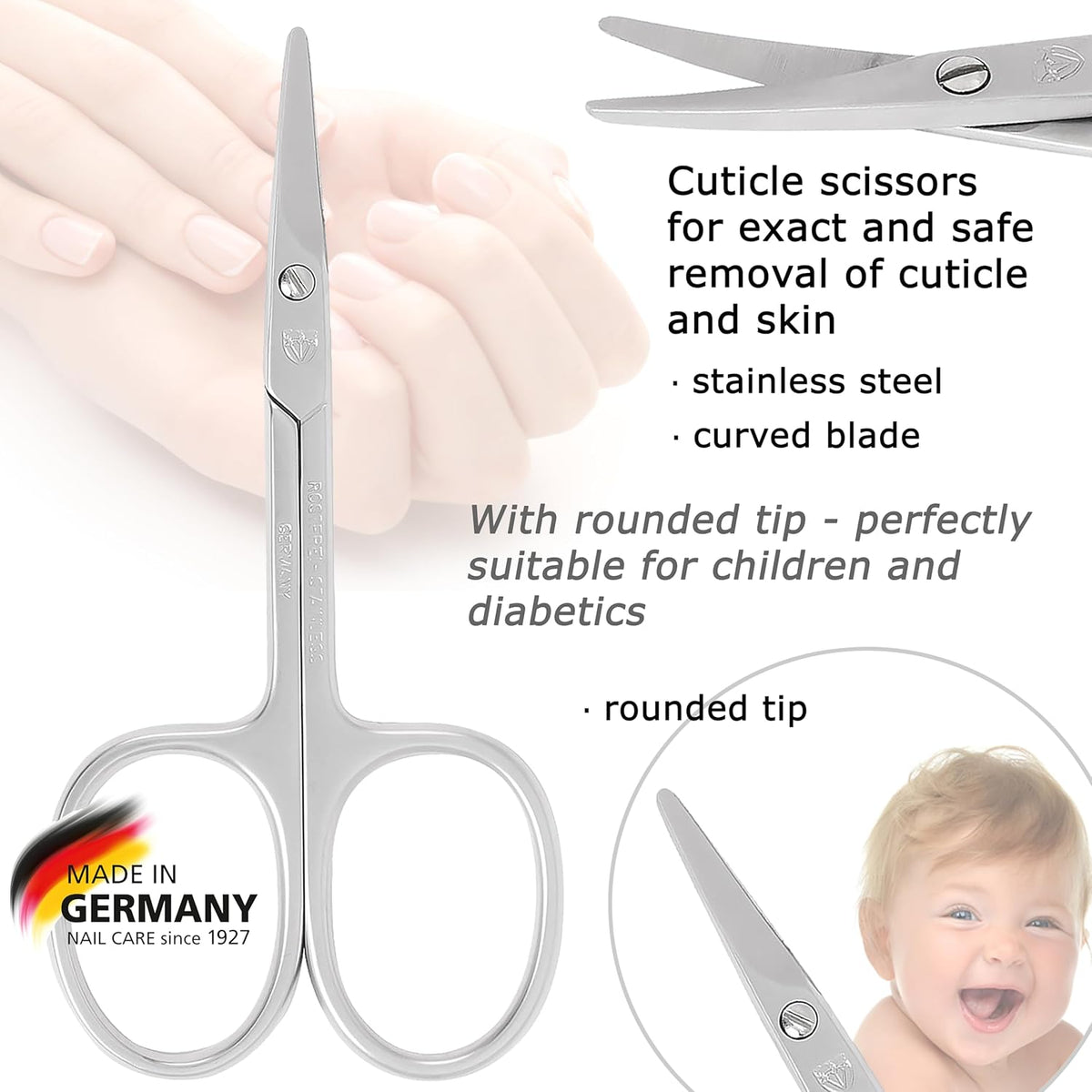 3 Swords Germany - brand quality STAINLESS STEEL CURVED CUTICLE SCISSORS (1 PIECE) with round tips
