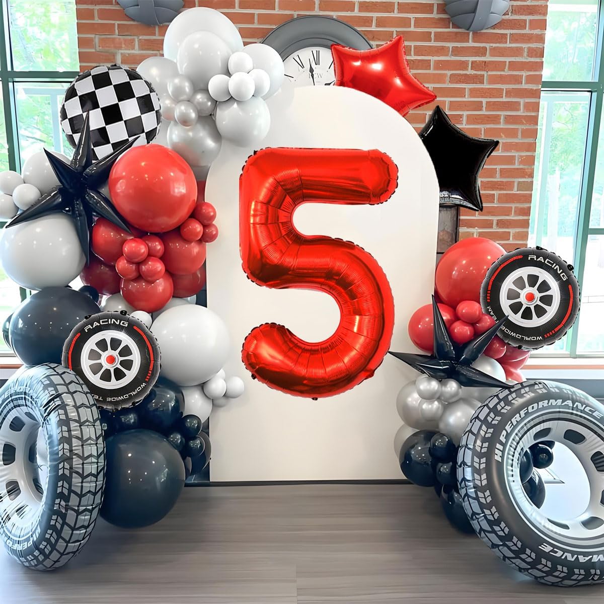 Race Car Birthday Party Decorations - 40 Inch Mylar Red Number 5 Balloons - Black Foil Checkered