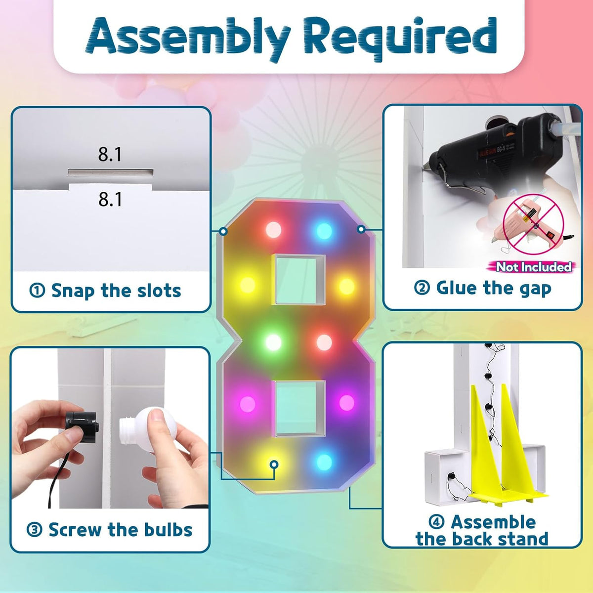 imprsv 4FT Colorful Marquee Numbers,18 Colors Number 8 with Remote, Light Up Sign for 8th Birthday