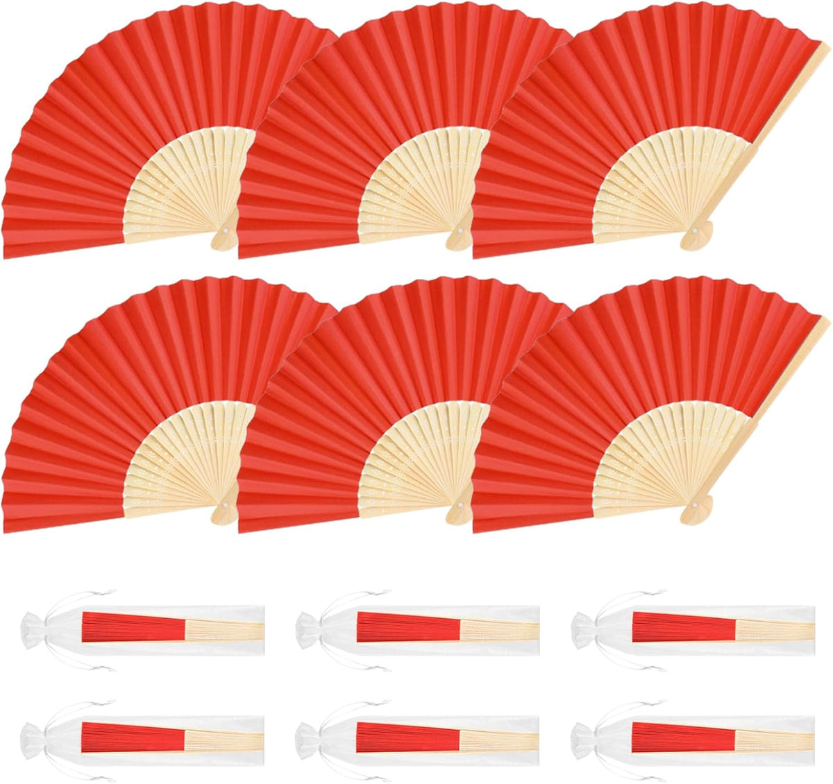 6 Pieces Red Hand Held Bamboo Folding Fans Foldable Paper Fans Handheld for Women Girls Wedding DIY
