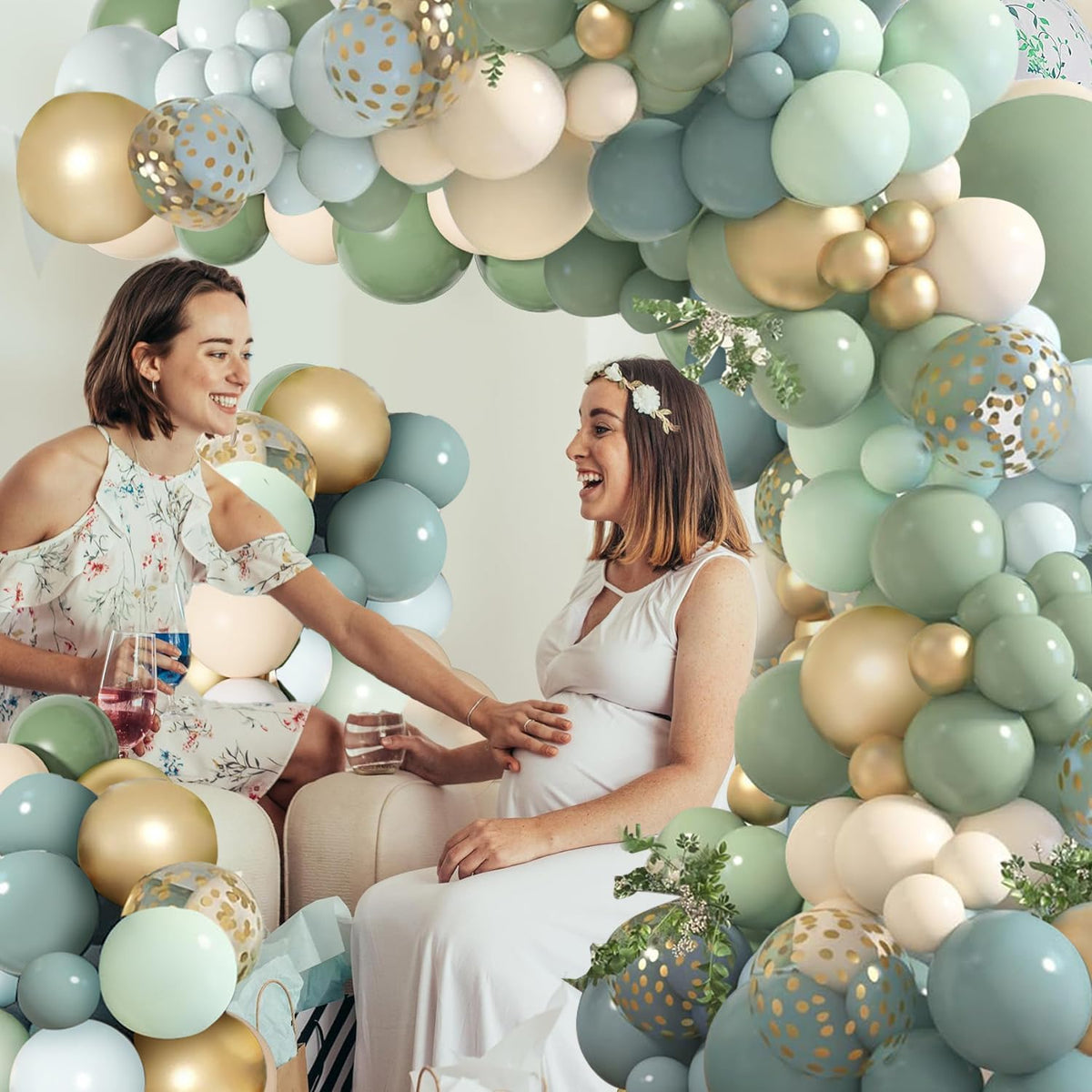 Dusty Blue Sage Green Balloon Arch Kit, Pastel Blue Green Sand White Gold Confetti Balloons Garland