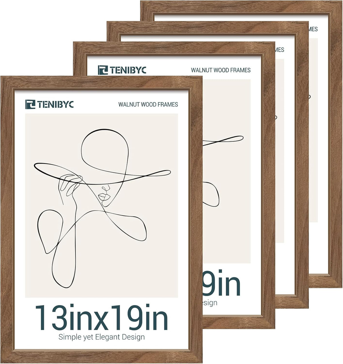 13x19 Picture Frame Set of 4, Textured Walnut Wood & HD Tempered Glass, Brown 19x13 Poster Frame
