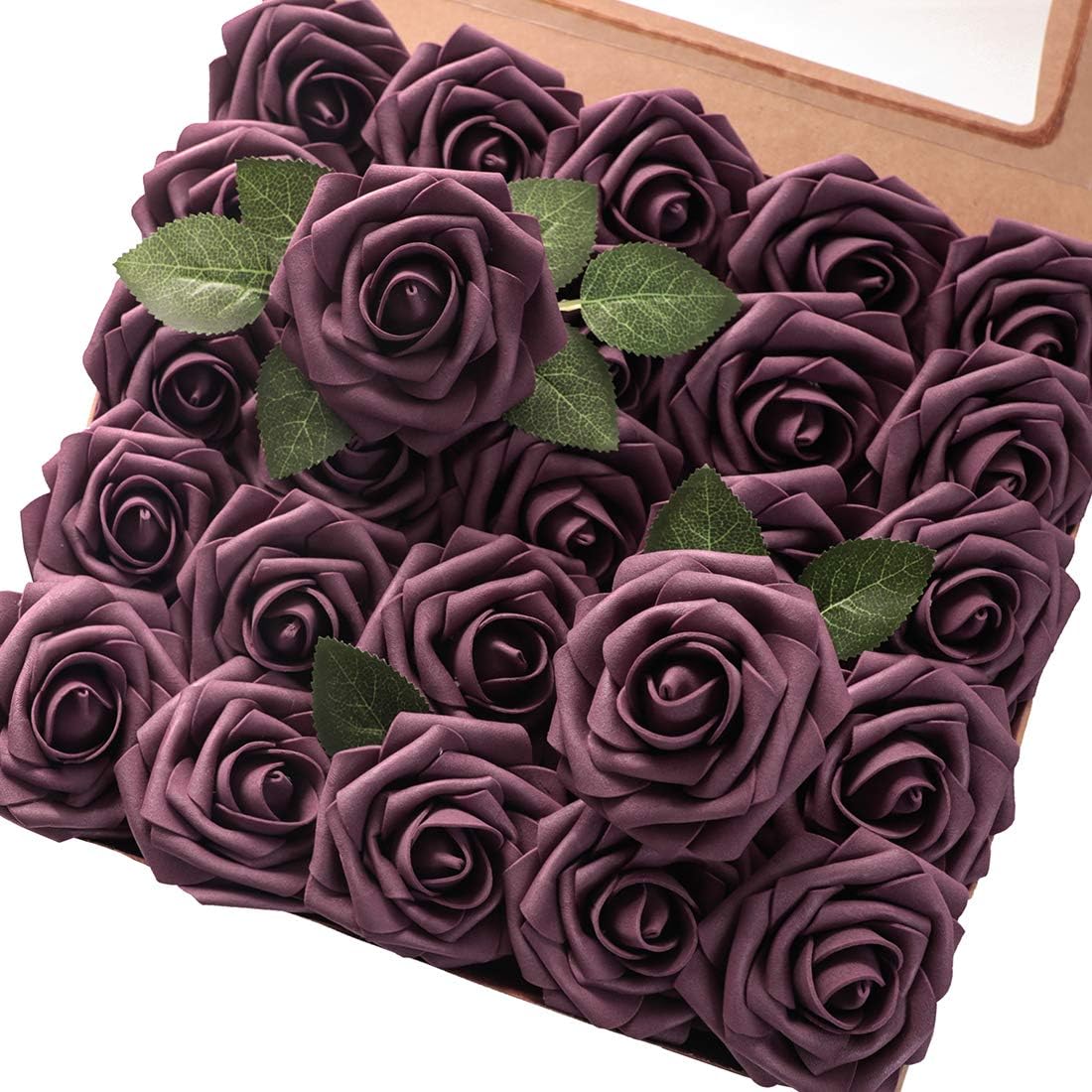 Floroom Artificial Flowers 25pcs Real Looking Plum Foam Fake Roses with Stems for DIY Wedding