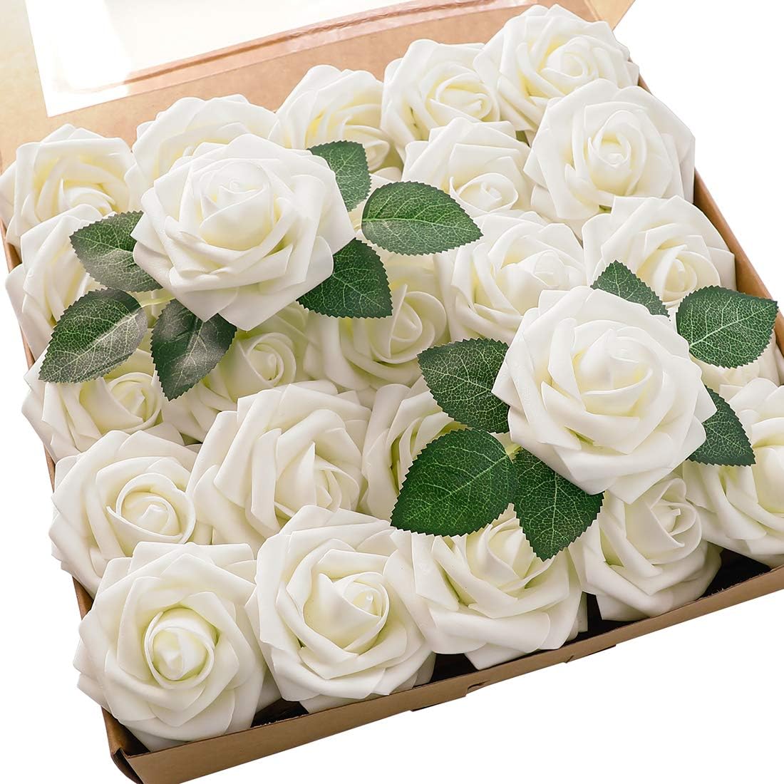 Floroom Artificial Flowers 50pcs Real Looking Ivory Foam Fake Roses with Stems for DIY Wedding