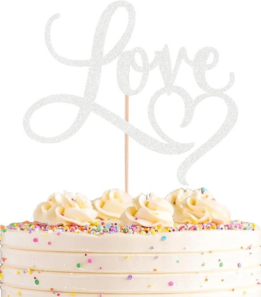 Love Cake Topper - Silver Glitter Paper Wedding Cake Decoration Supplies, Perfect for Bridal