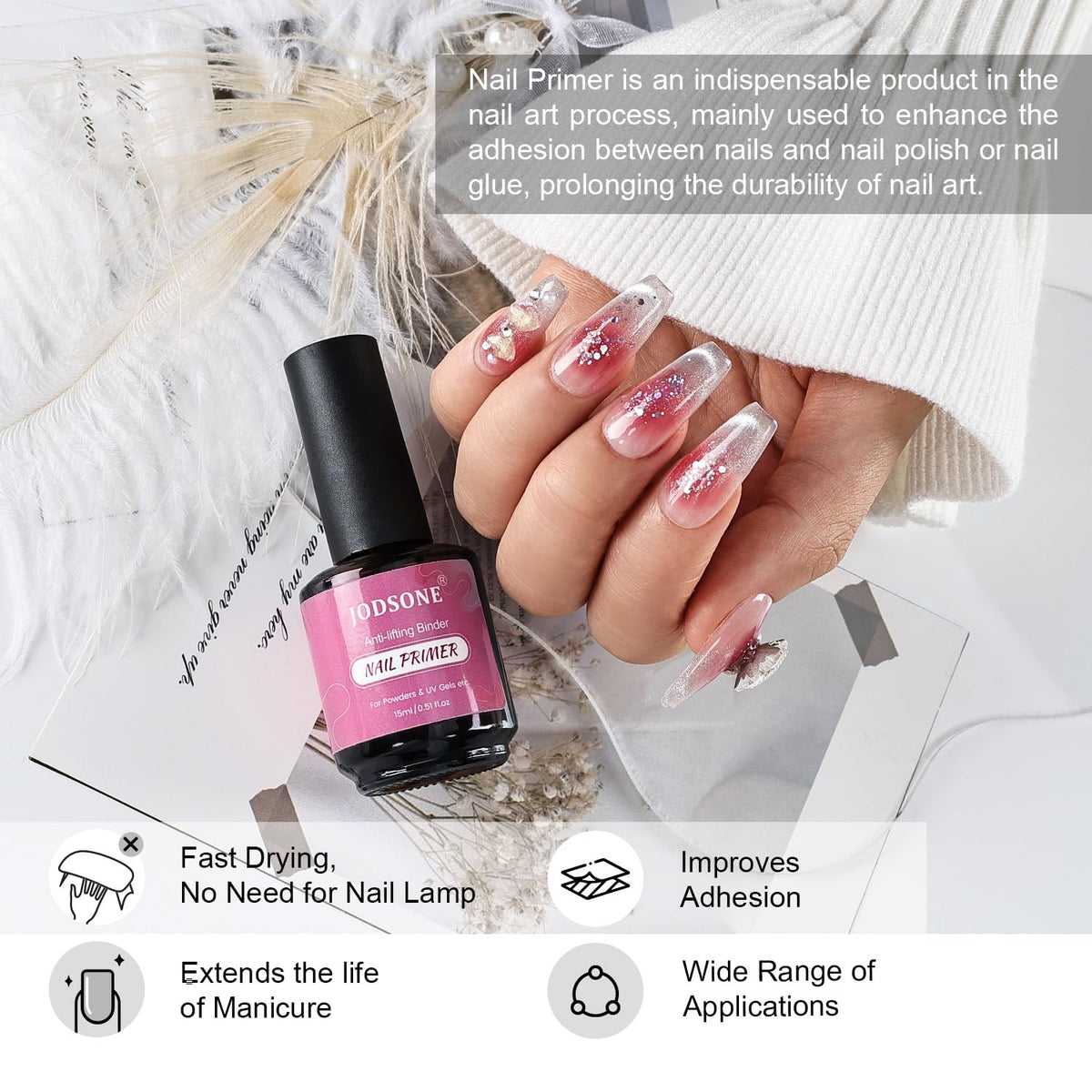 JODSONE 4 Bottles of 15ML Nail Primer Base Coat Top Coat and Builder Gel Which Helps Better Fit the