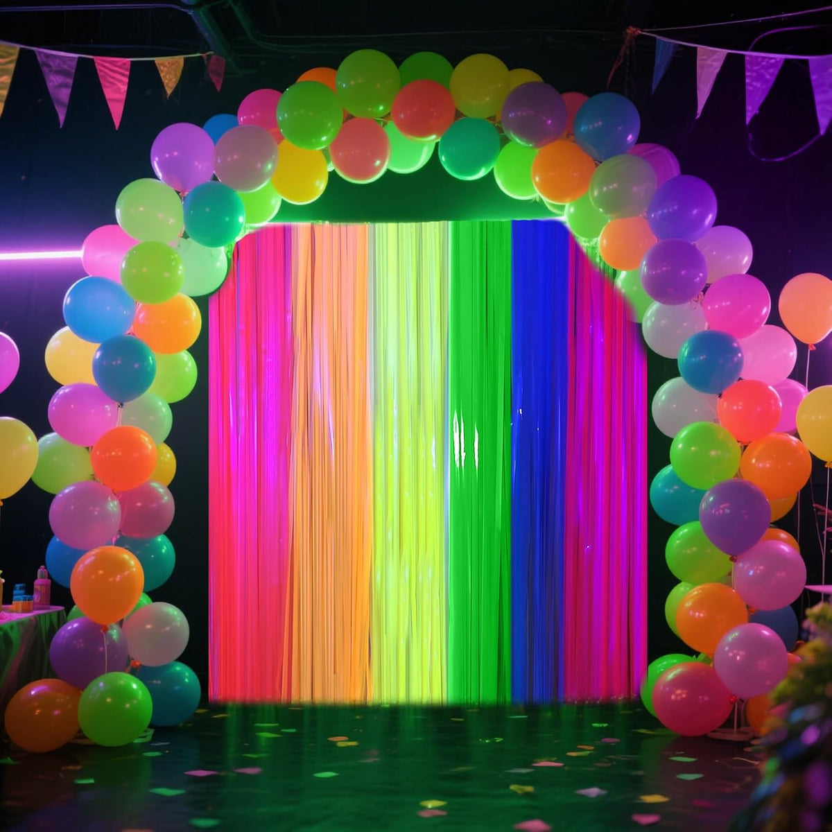 4 Packs Glow in the Dark Foil Fringe Curtain, Macaron Rainbow Blacklight Reactive Fluorescent