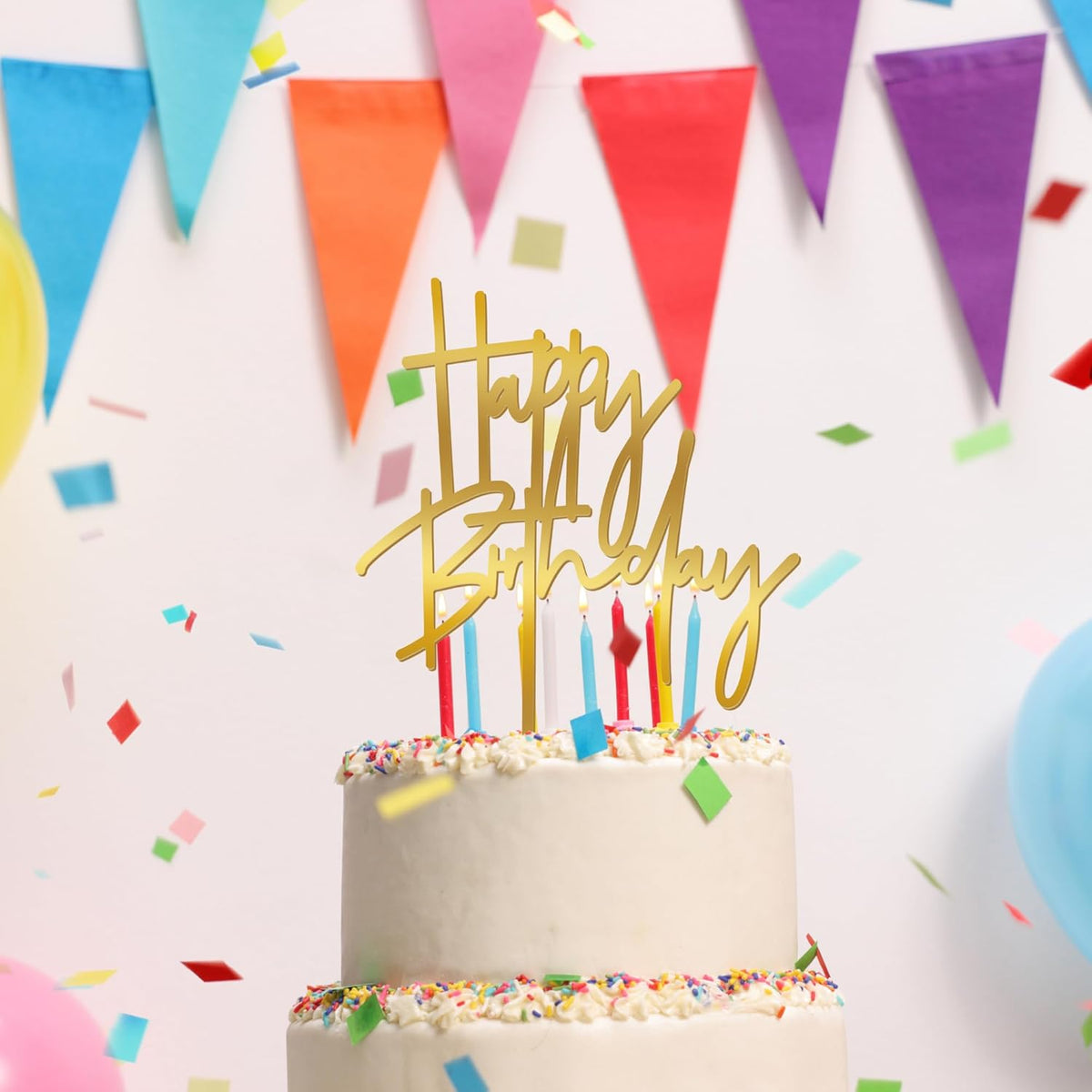 1PCS Gold Birthday Cake Topper, 5.3 x 7.2 Inches Acrylic Happy Birthday Cake Sign, Glitter Mirror