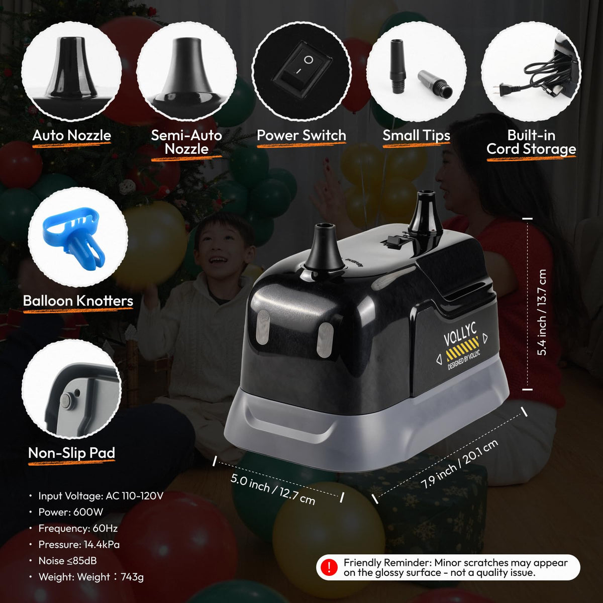 VOLLYC Balloon Pump Electric, Dual Nozzle Balloon Inflator Air Pump, Fast & Easy Inflation for