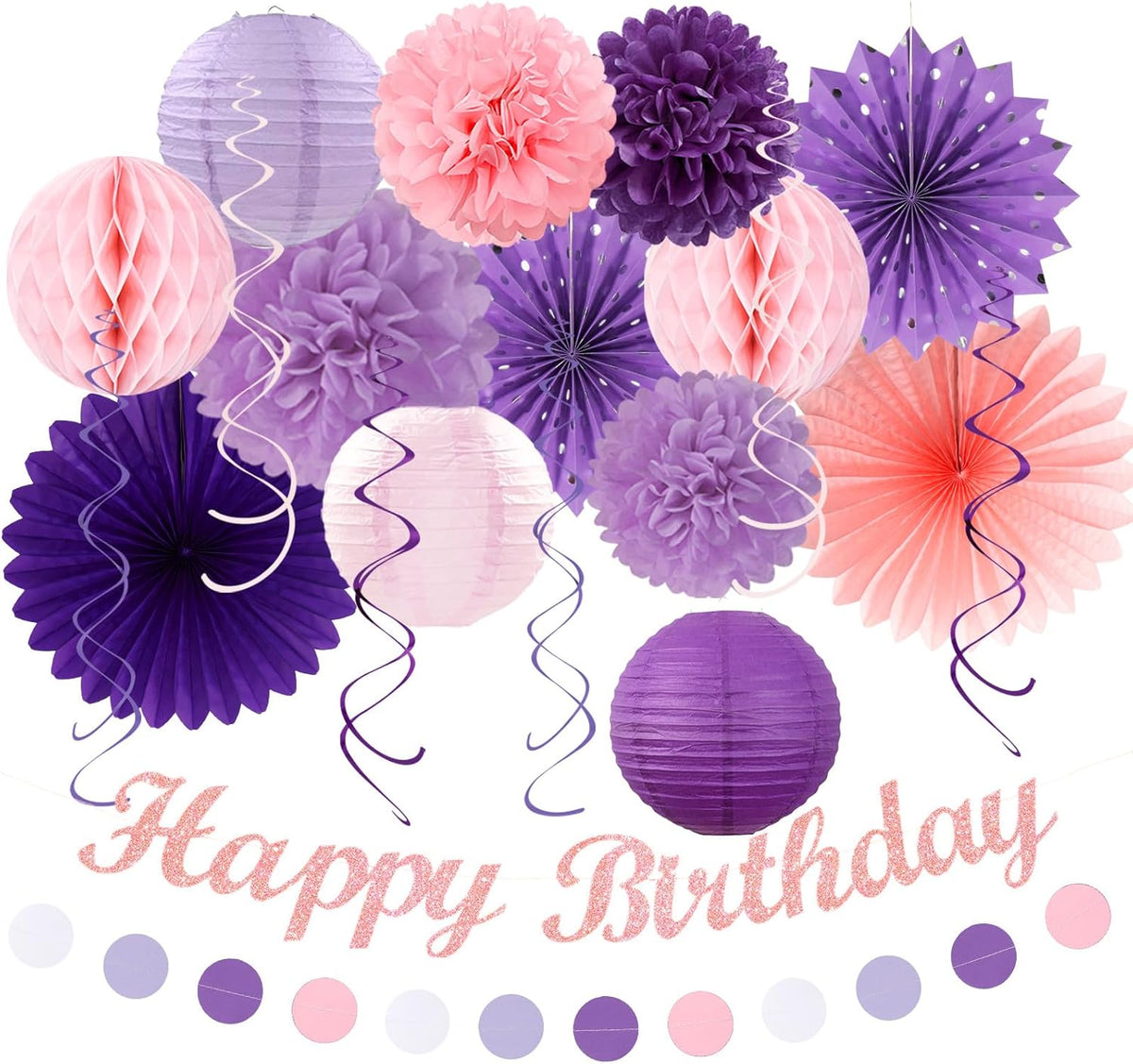 Purple Lilac-Lavender Pink Women Birthday Party-Decorations - 21pcs Happy Banner,Paper Lanterns