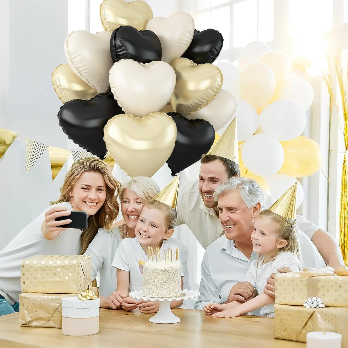 Black White Gold Heart Balloons,12Pcs 18Inch Black Cream White Champagne Gold Heart Shaped Foil