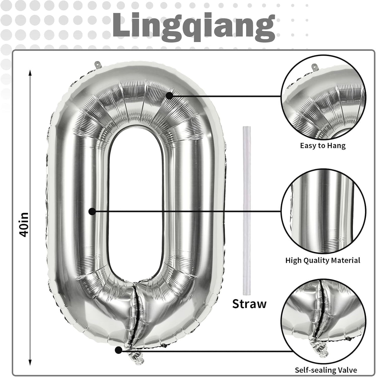 40 Inch Silver Foil Balloon Number 0, Giant Self Inflating Number Balloons 0-9 for Men Women