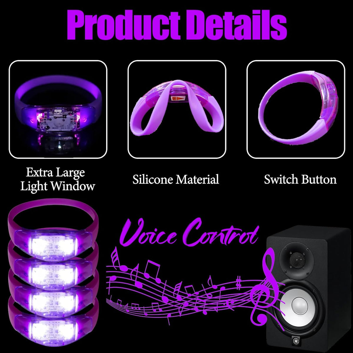 100 Pcs LED Bracelets Sound Activated with Flashing LED Strobe Music Control Light Up Bracelets for