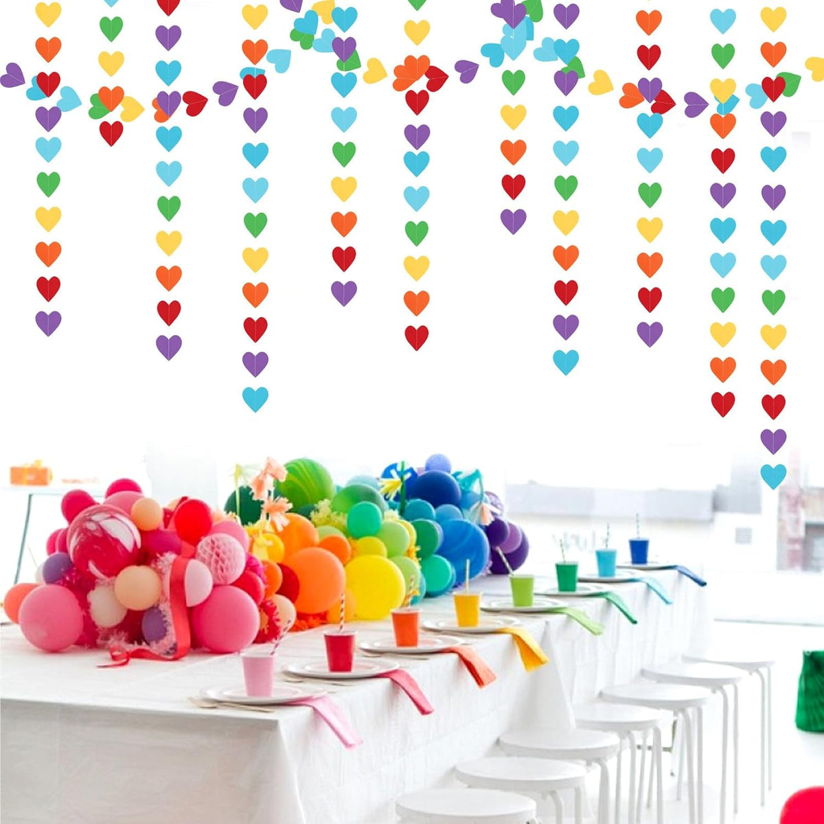 Rainbow Colorful Party-Decorations Heart Garland - 52ft Red Orange Yellow Green Blue Purple