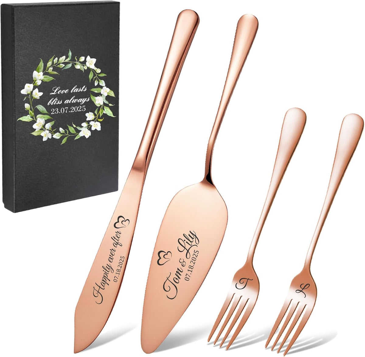 Personalized 4 Piece Wedding Cake Cutting Set, Custom Names Cake Knife and Server set with Forks