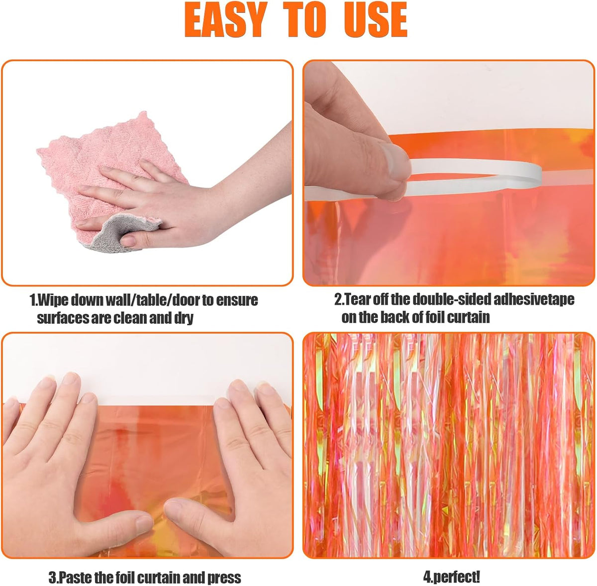 CANREVEL 2 Pack 3.2x6.5 Feet Iridescent Foil Fringe Backdrop Curtains, Clear Orange Tinsel Photo