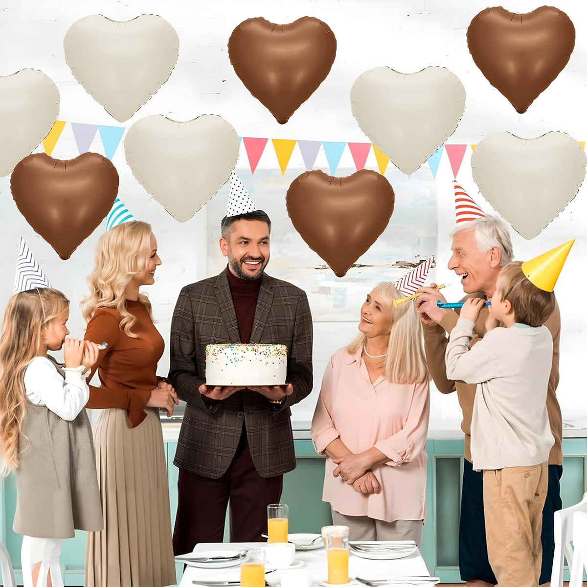 Sand White Brown Heart Balloons,12Pcs 18Inch Cream White Coffee Brown Heart Shaped Foil Helium