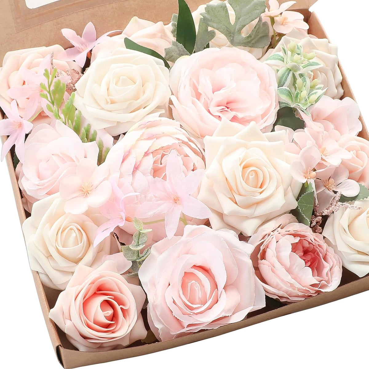 Floroom Cream Blush Artificial Flowers Fake Roses Peonies and Greenery Combo Box Set for DIY Pink