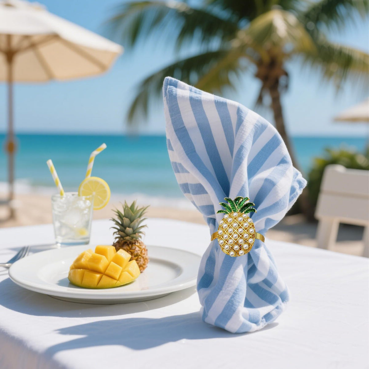 Napkin Rings Set of 8 Pearl Pineapple Napkin Rings for Napkins,Gold Napkin Holders for Cloth