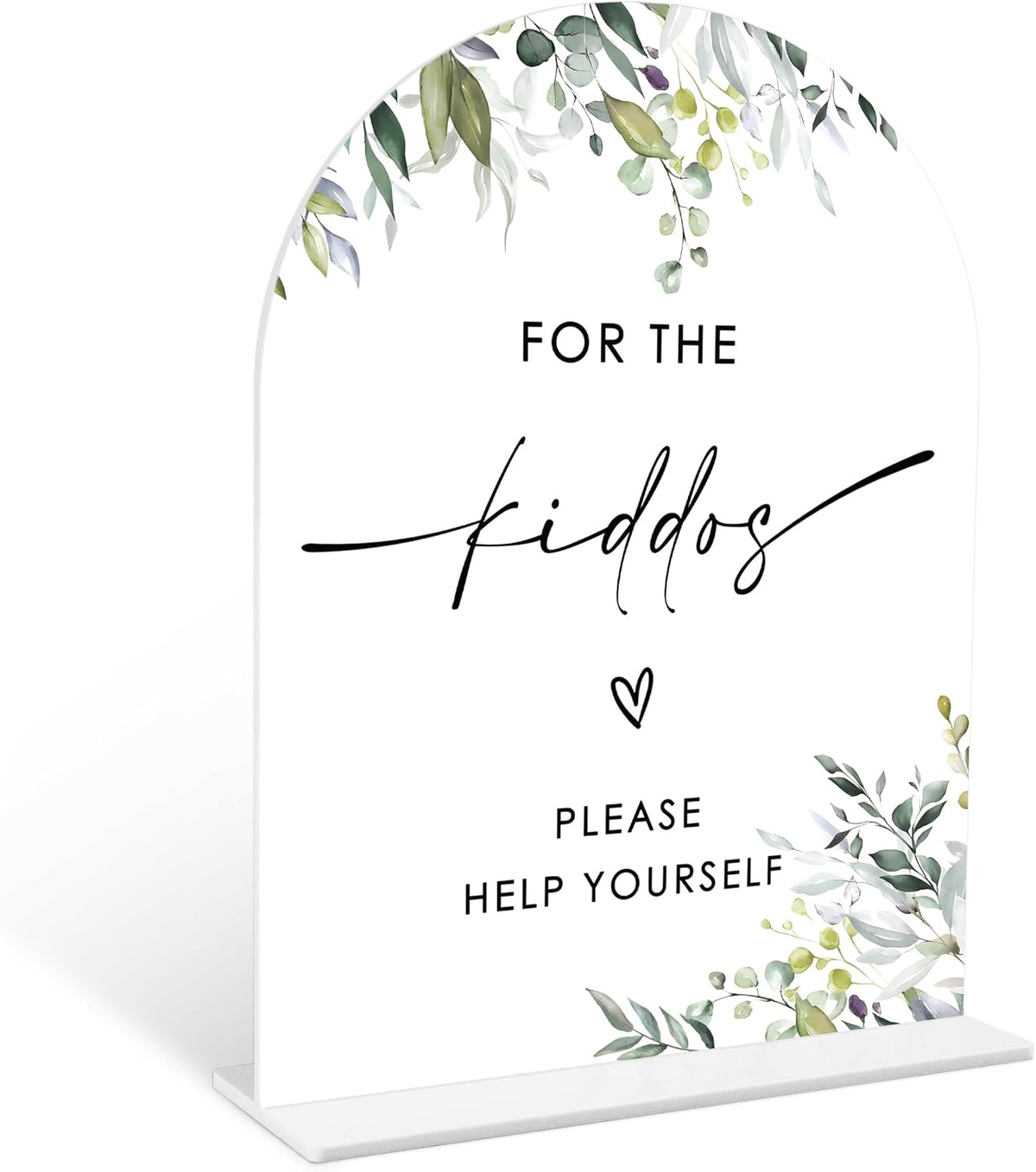 Greenery For the Kiddos Favors Sign, 6 x 8 Inch White Arch Acrylic Wedding Sign with Holder