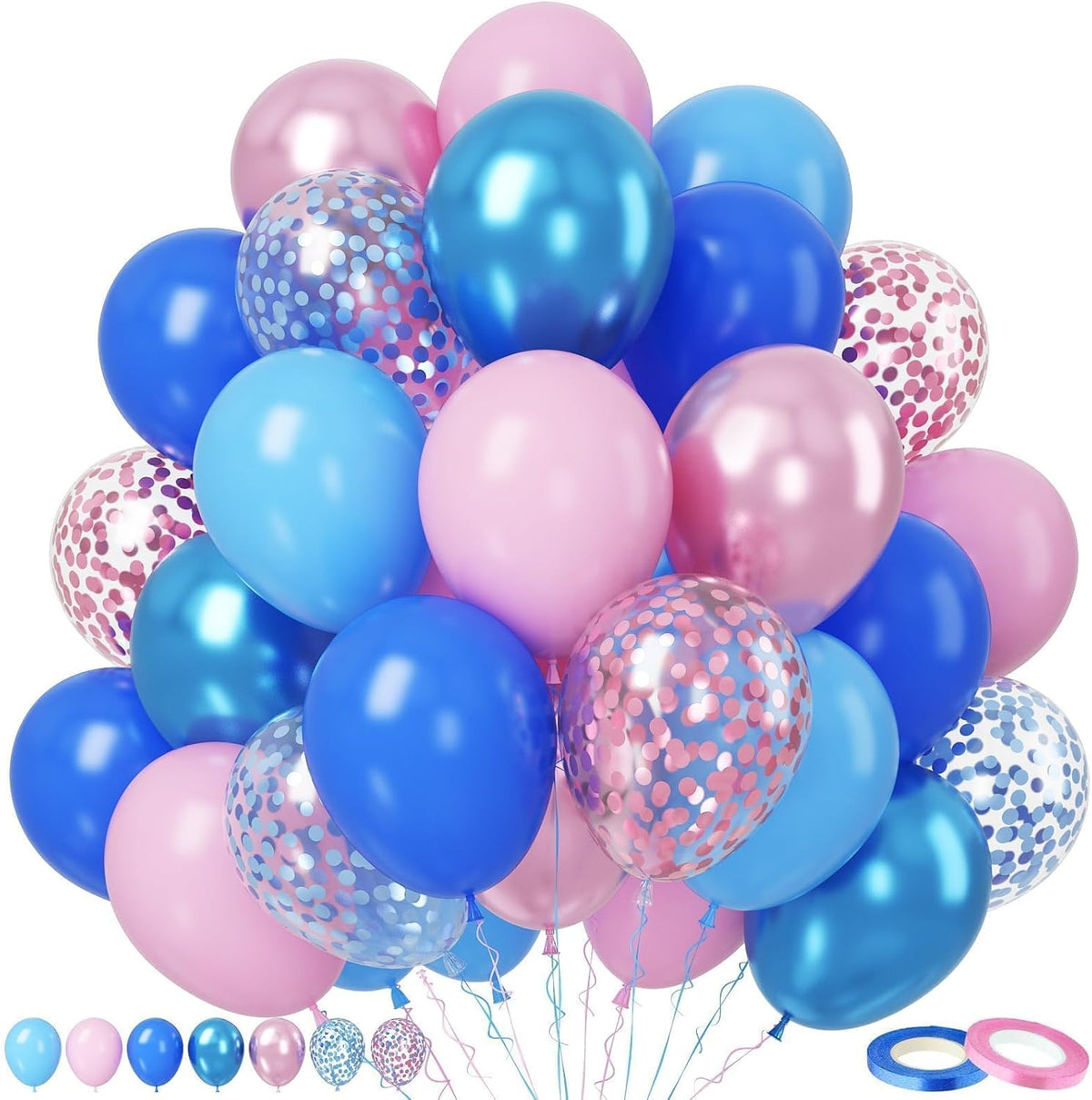 Paready Pink and Blue Balloon Set - 50Pcs 12 Inch Pastel Confetti, Royal and Metallic Balloons for