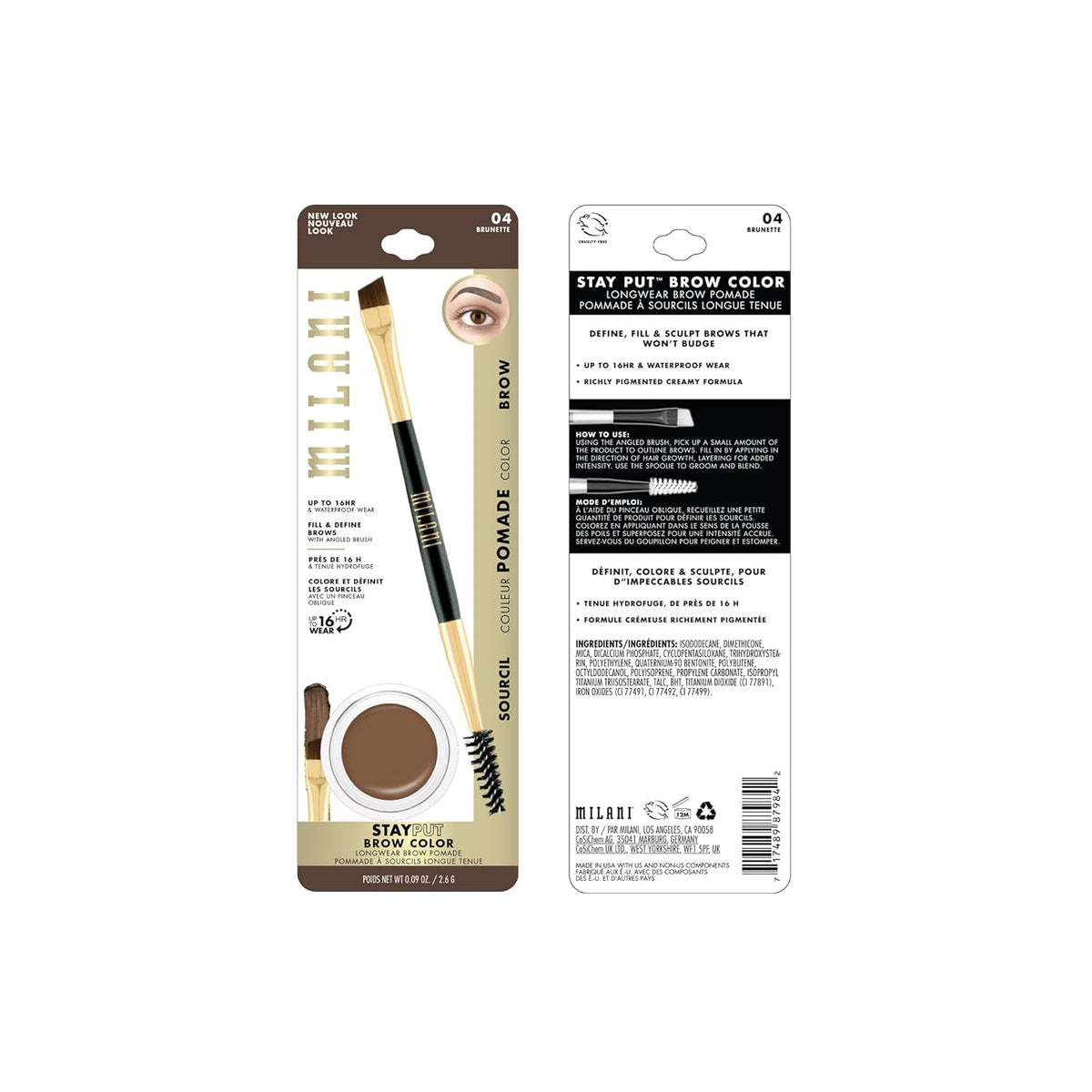 Milani Stay Put Brow Color - Brunette (0.09 Ounce) Vegan, Cruelty-Free Eyebrow Color that Fills and
