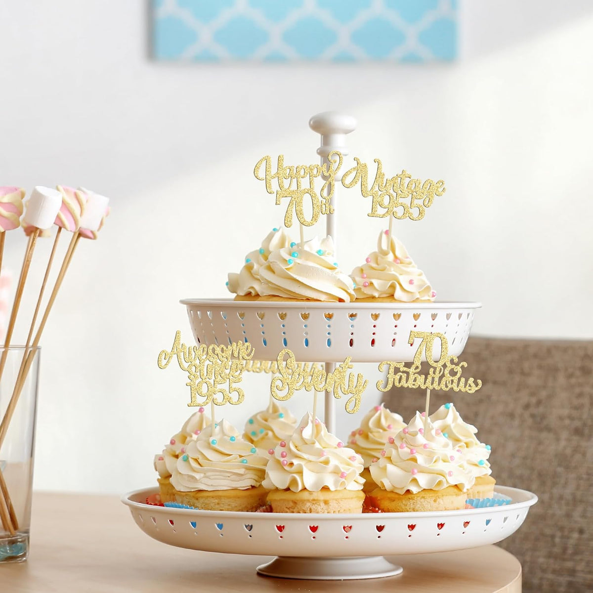 30Pcs Vintage 1955 Cupcake Toppers Glitter Seventy Happy 70th Birthday 70 Fabulous Cupcake Picks