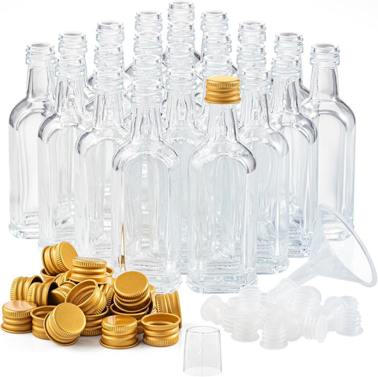 50 ml (1.7oz) Mini Small Glass Bottles With Leak Proof Gold Caps, Aluminum Lids, 24 Pack, For